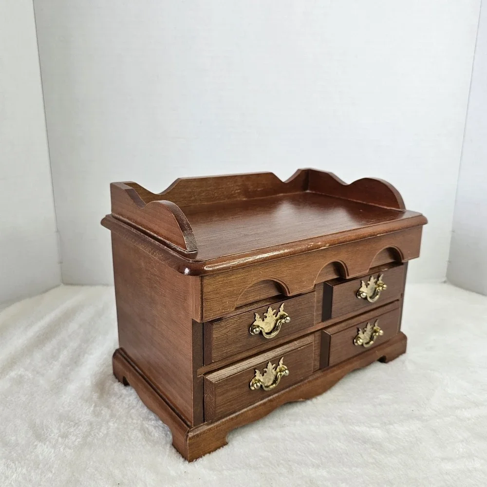 Vintage Retro Brown Wooden Jewelry Box w/ Drawers Mini Dresser Style